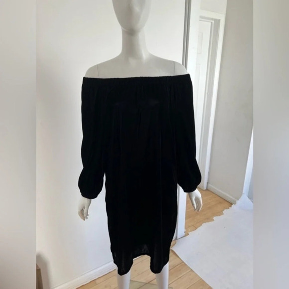 NWT Madison Mathews Off the Shoulders Knee Leight Midi Velvet Dress In Navy Sz S - Picture 1 of 8